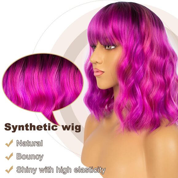 Women Black-Purple Mixed RoseLoose Wavy Wig Curly Wavy Shoulder Length Bob - Picture 2 of 3